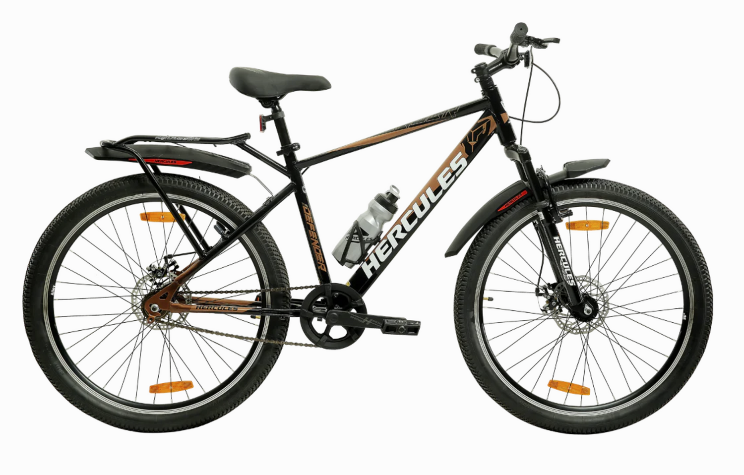 Hercules Defender FX DD mountain bike with dual disc brakes, front suspension, carrier, mudguards and bottle holder