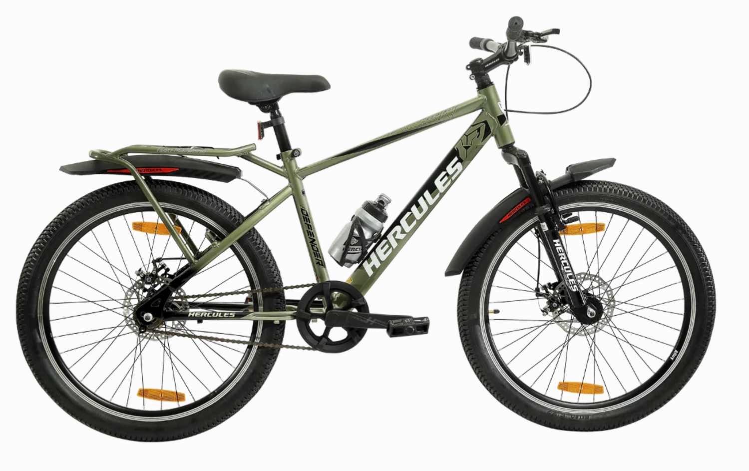 Hercules Defender FX DD mountain bicycle in olive green colour with dual disc brakes and suspension fork