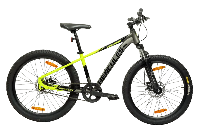 Hercules Geolander mountain bike with suspension fork and disc brakes in grey neon yellow color