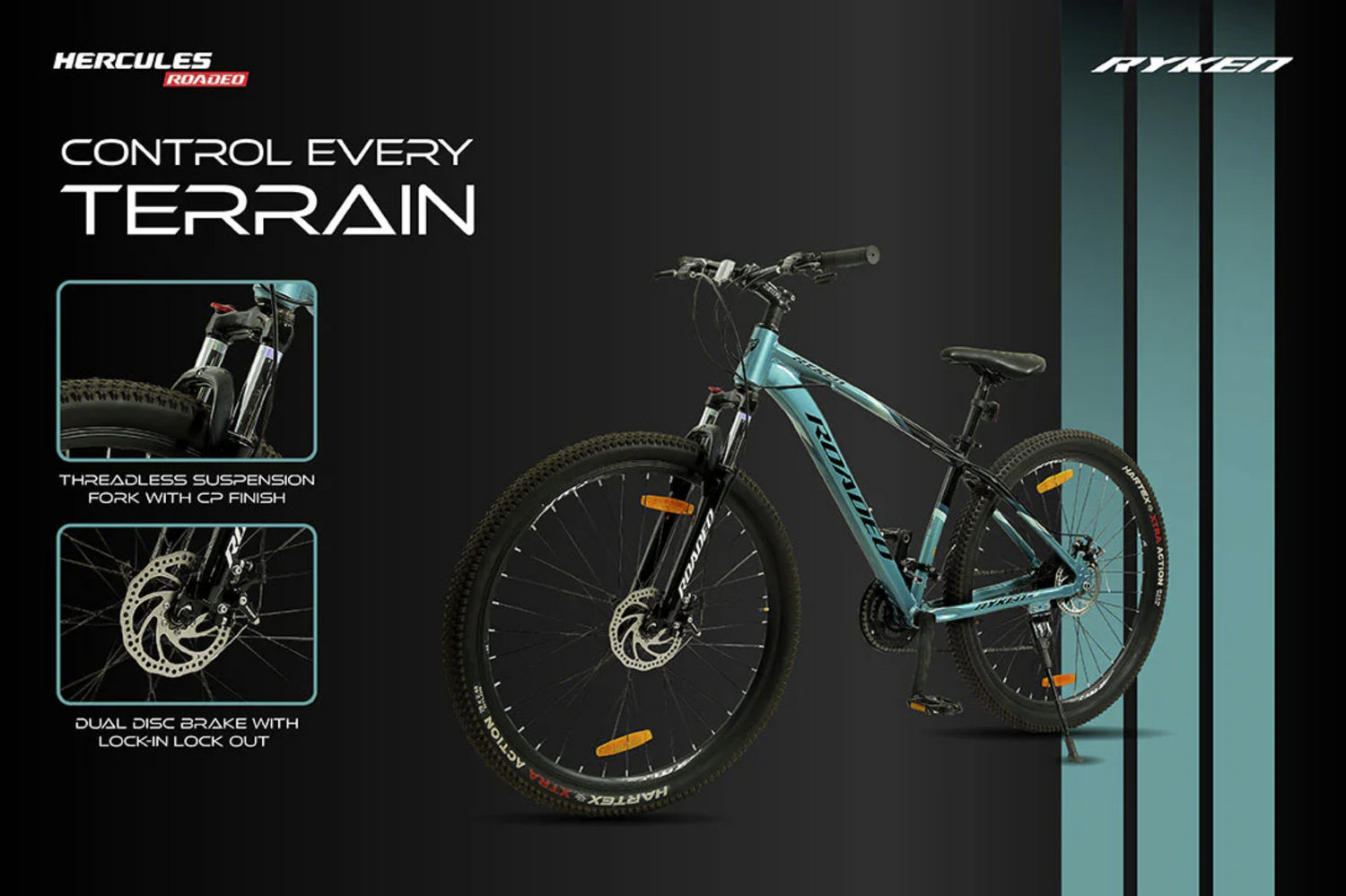 Hercules Roadeo Ryken MTB cycle with front and rear dual disc brakes