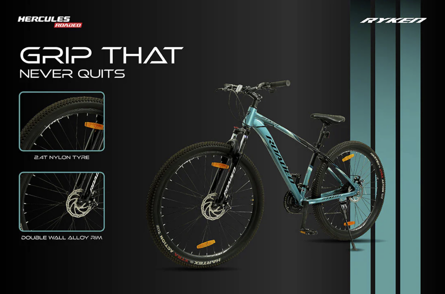 Hercules Roadeo Ryken mountain bike with high traction tyres for superior grip