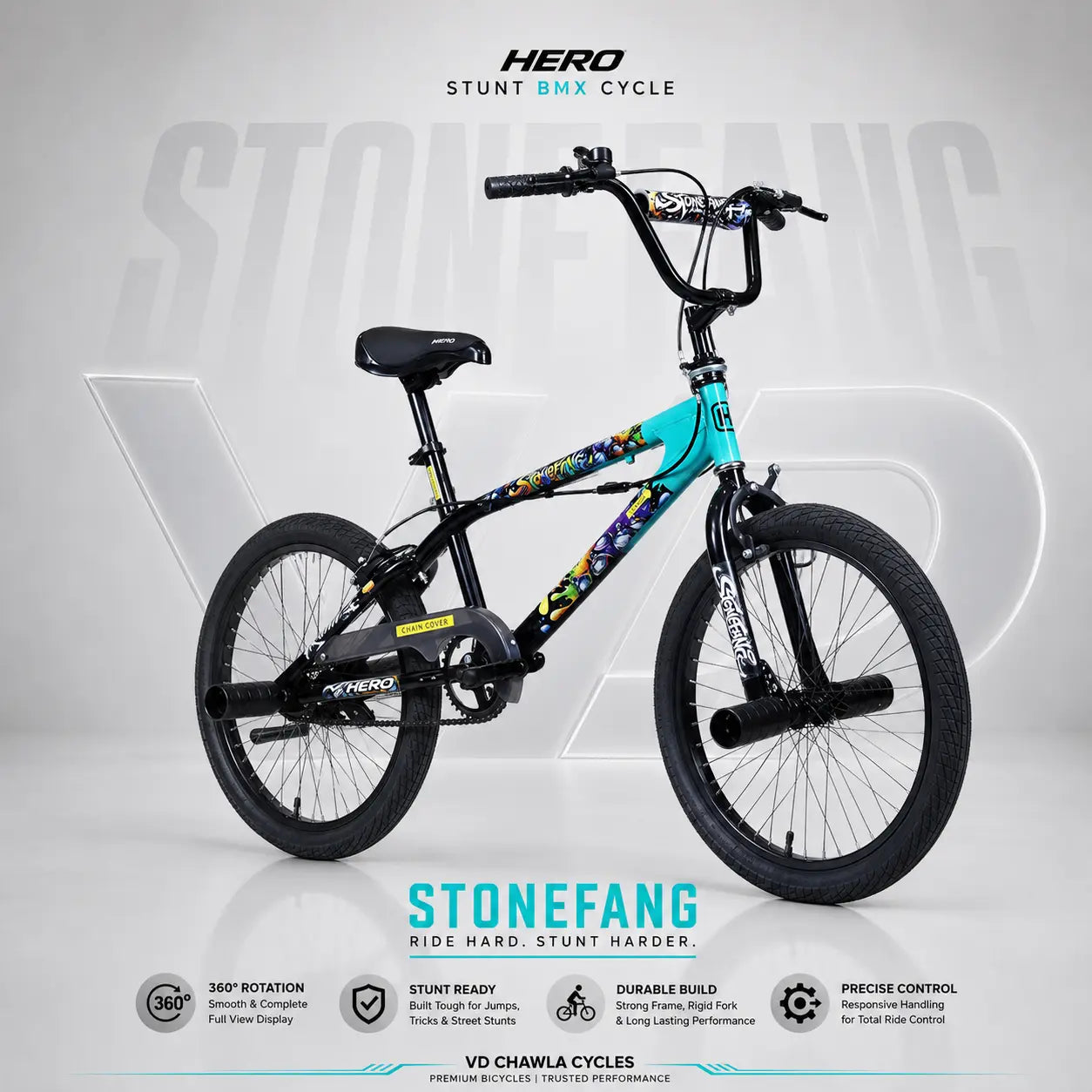 A Stonefang Stunt BMX bike by VD Chawla Cycles, featuring a vibrant turquoise and black frame with colorful graphic patterns, displayed on a light gray studio background with technical specifications at the bottom.