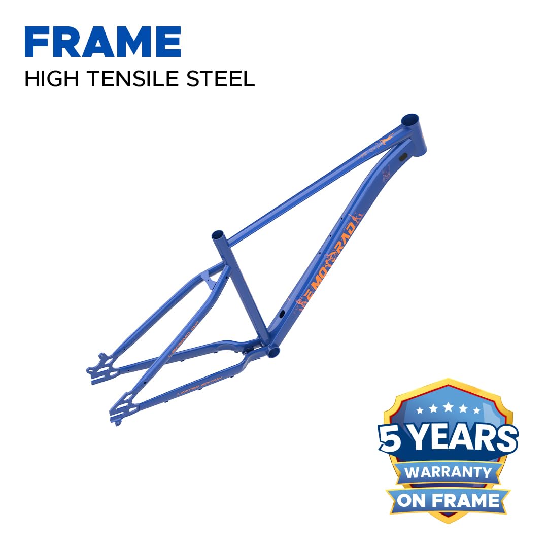 Close-up image highlighting the high tensile steel frame of EMotorad X1 Pro Legend-07 electric bike with long-term frame warranty.