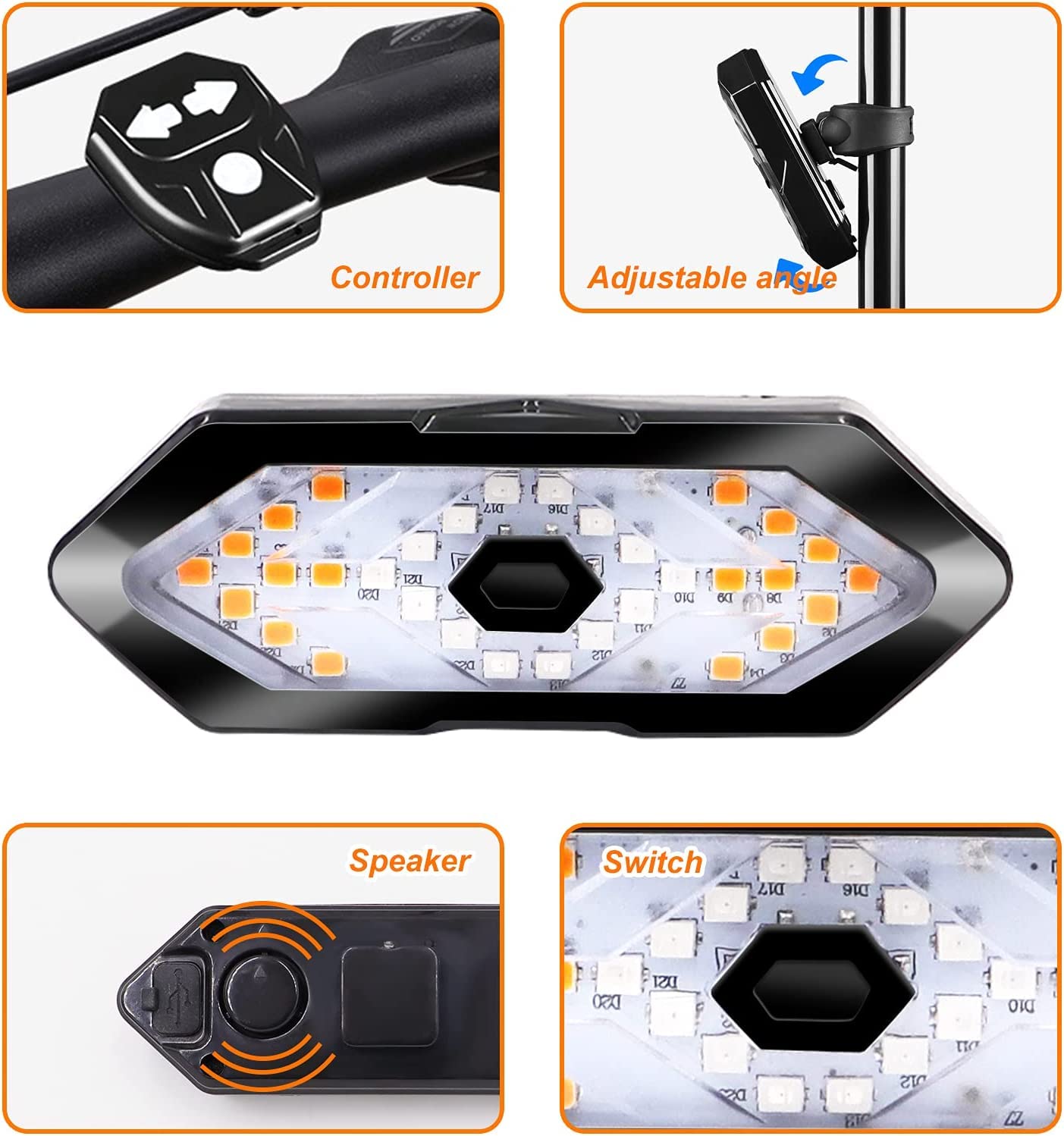 Motorcycle light with controller, adjustable angle, speaker, and switch features.