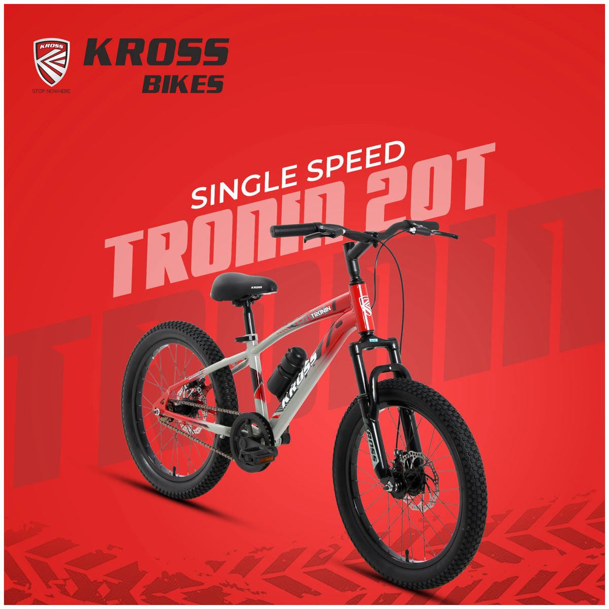 Kross Tronin 20T single speed kids MTB cycle in red and grey with wide tyres