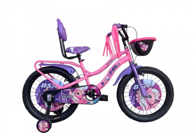 Pink children's bicycle with purple accents on a white background