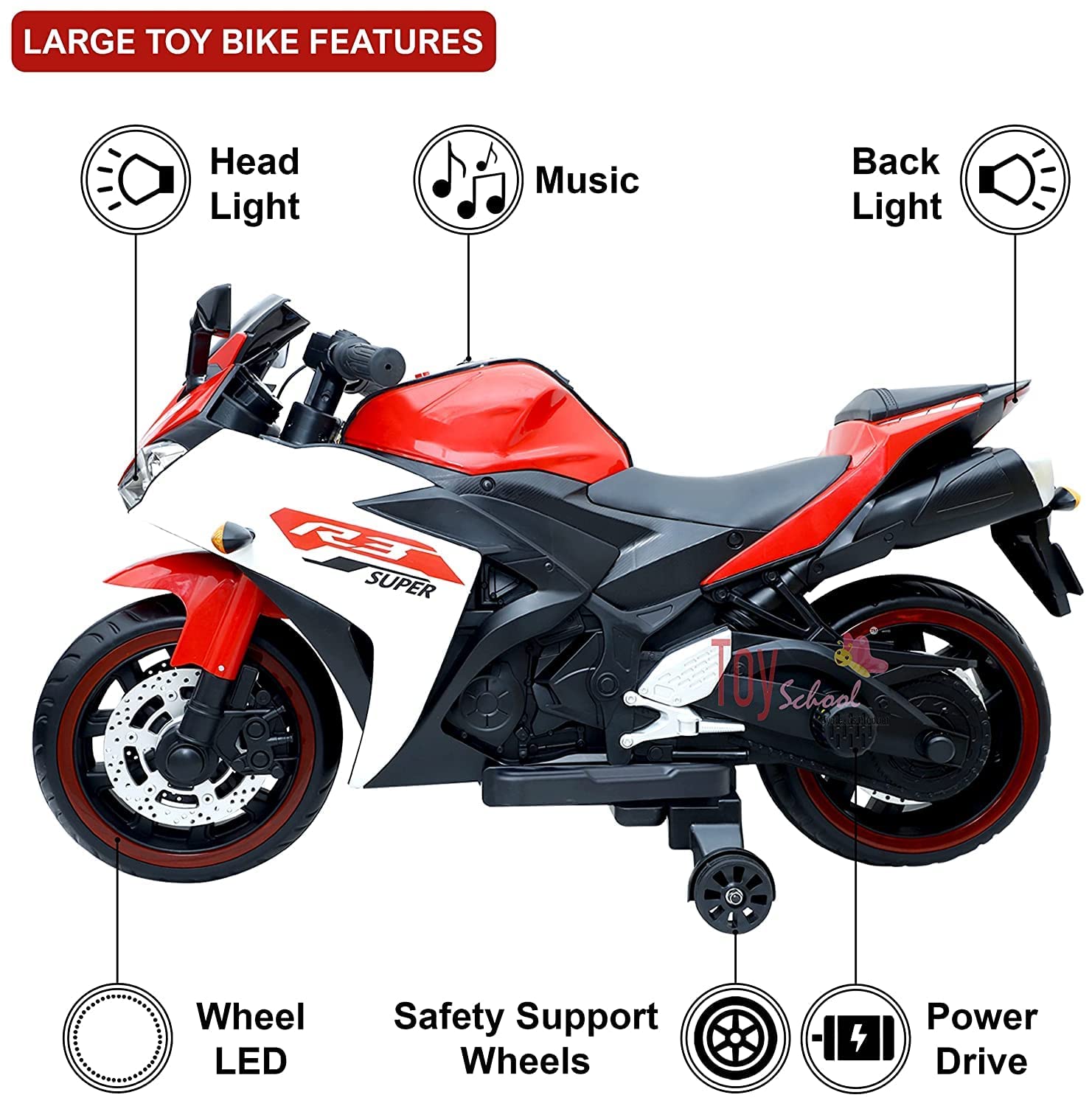 Red and white R3 Super electric bike for kids with power drive and LED lighting featuresRed and white R3 Super electric bike for kids with power drive and LED lighting features