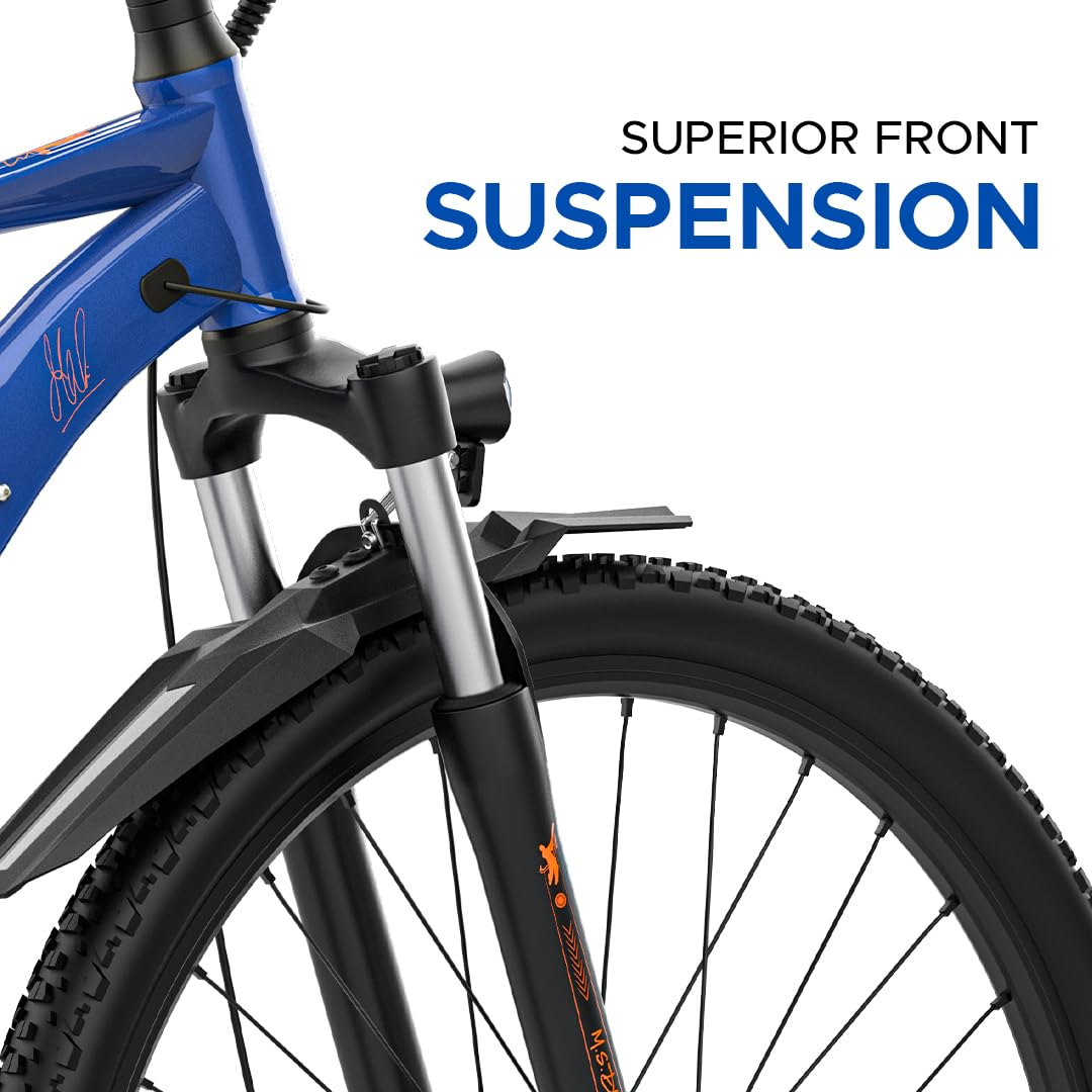 Detailed view of front suspension fork designed for smoother rides and comfort on city roads.