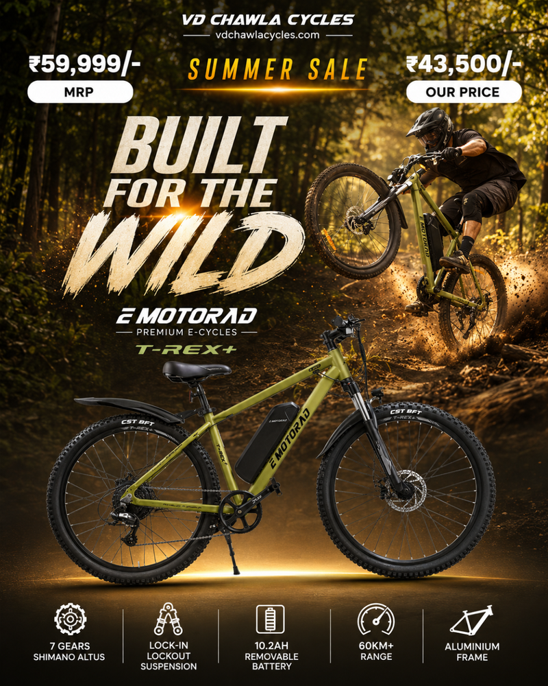 Advertisement for a yellow electric bike with a person riding it, set against a forest background. Text highlights features and pricing.