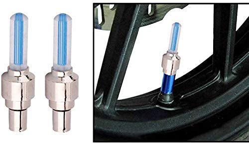 Two tire valve stem caps with blue LED lights on a black tire background.