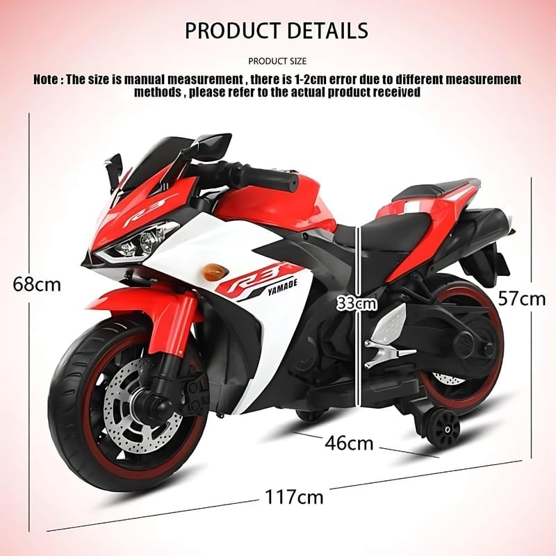 Red and white R3 battery operated bike for kids with measurement chart
