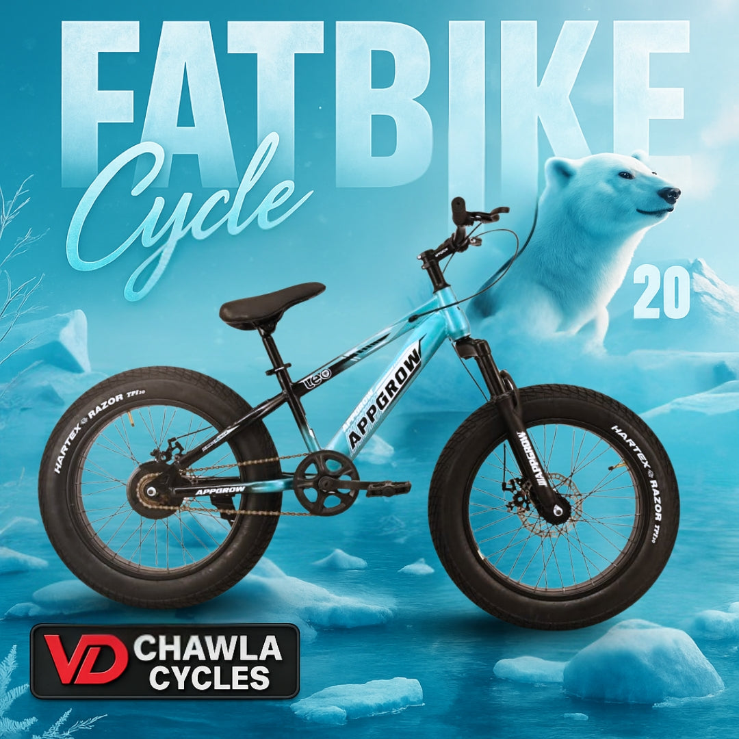 Appgrow 20T fatbike in cyan color with disc brakes, icy background, polar bear illustration, and VD Chawla Cycles branding.
