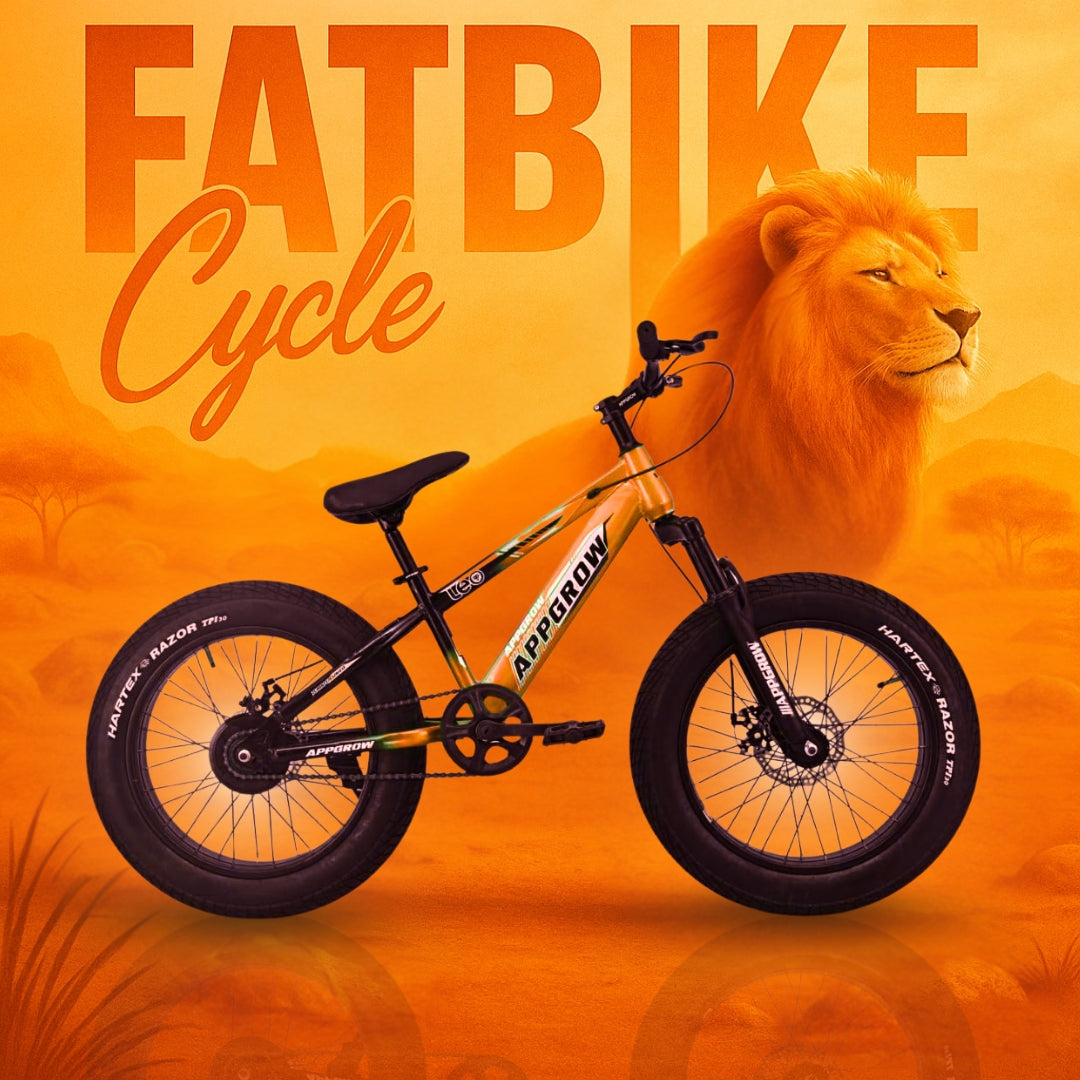 20T Appgrow Fatbike with disc brakes displayed on an orange gradient background with a lion illustration.
