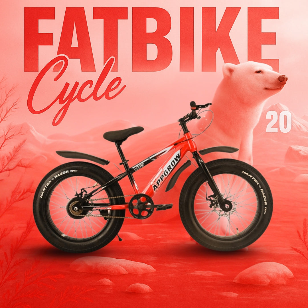 20T Appgrow Fatbike with disc brakes featured on a red gradient background with a polar bear illustration and FATBIKE Cycle text.
