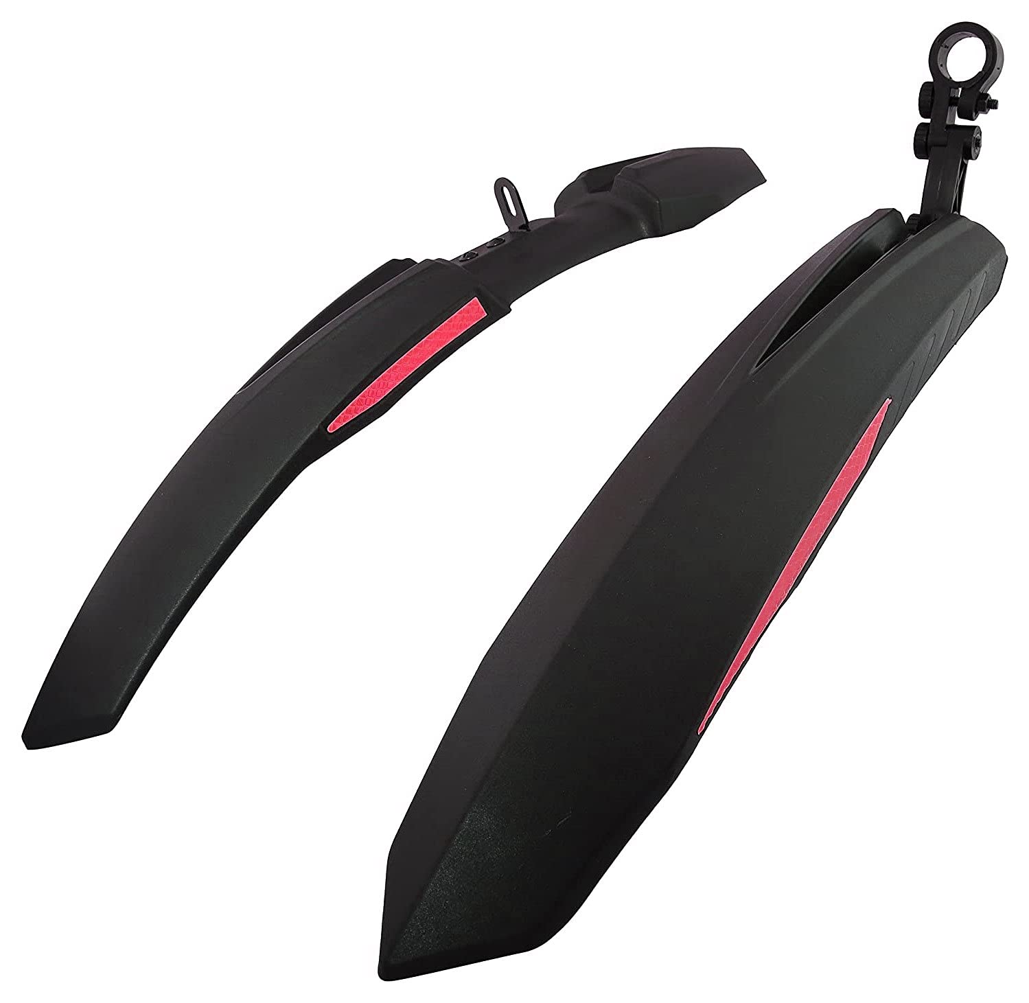 Set of black bicycle front and rear mudguards with red reflective stripes, displayed on a white background.
