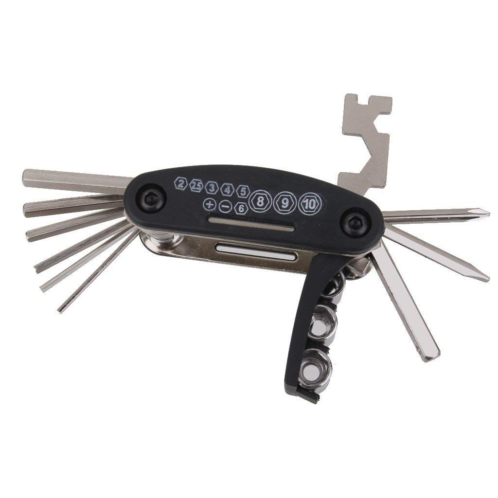10-in-1 bicycle folding multitool with hex keys, screwdrivers, and wrench set for on-the-go bike repair and maintenance.