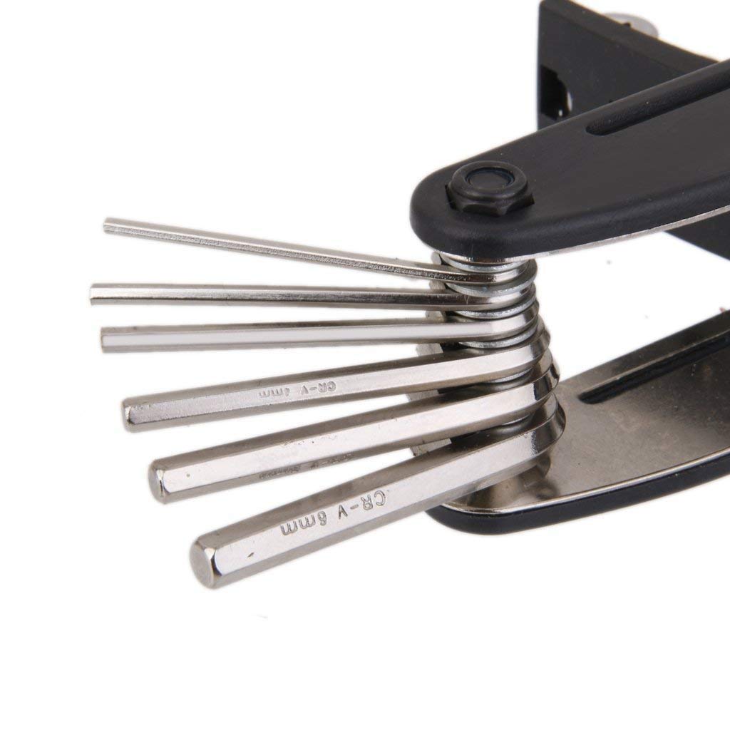 Close-up view of folding bicycle multitool showing chrome hex key wrenches for precise bike repair and adjustments.