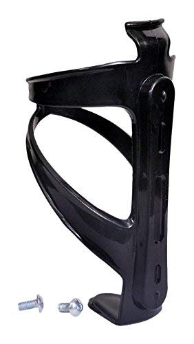 Black side-mount bicycle bottle cage with two mounting screws on white background.
