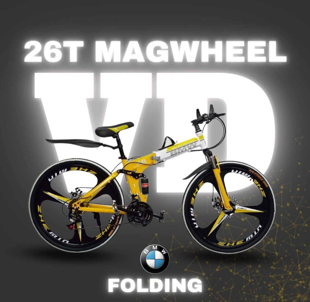 Yellow 26T Foldable BMW Mountain Bicycle with 21 Speed Gear Set
