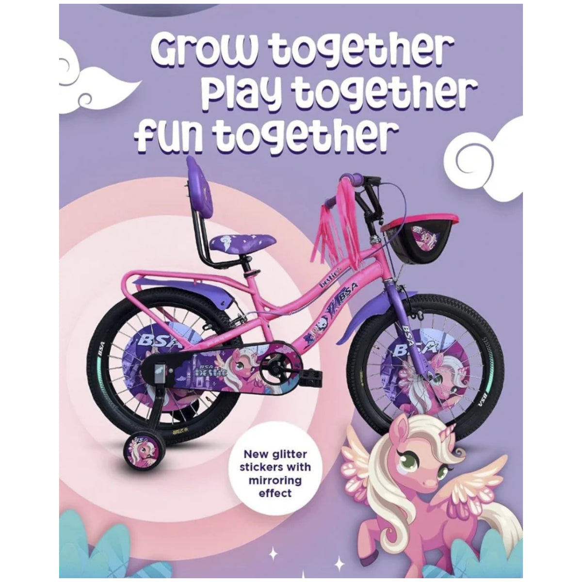 BSA Bestie pink girls cycle with front basket and rear backrest