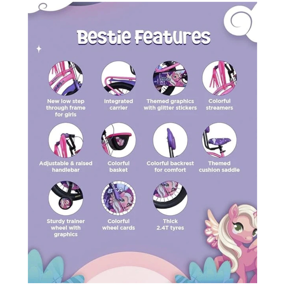 BSA Bestie girls cycle features with basket, backrest and comfortable saddle