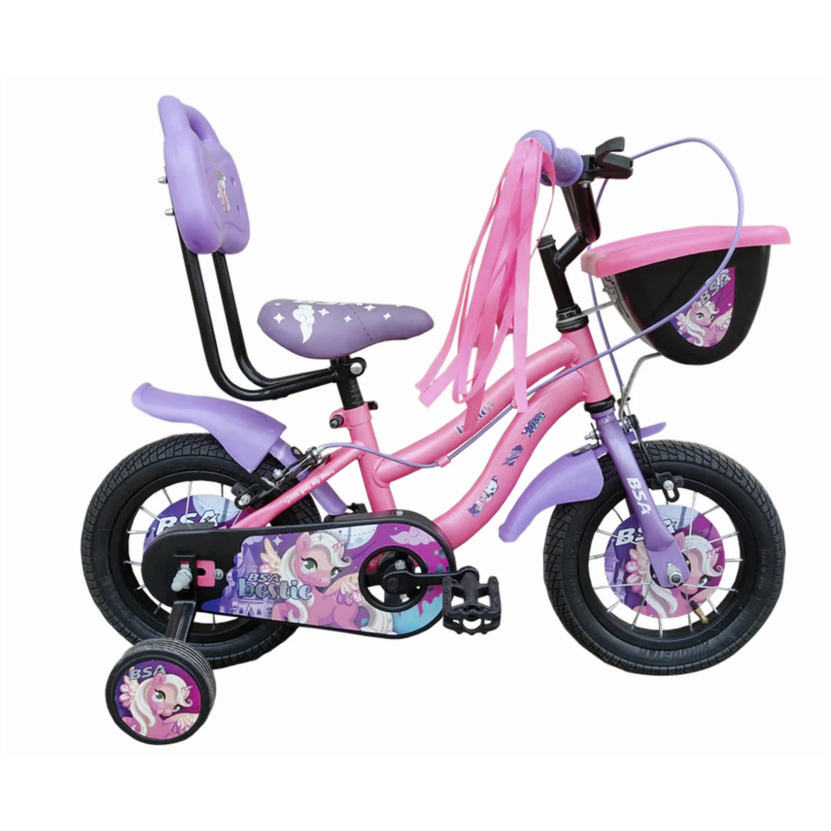 BSA Bestie pink purple girls cycle full side view with training wheels