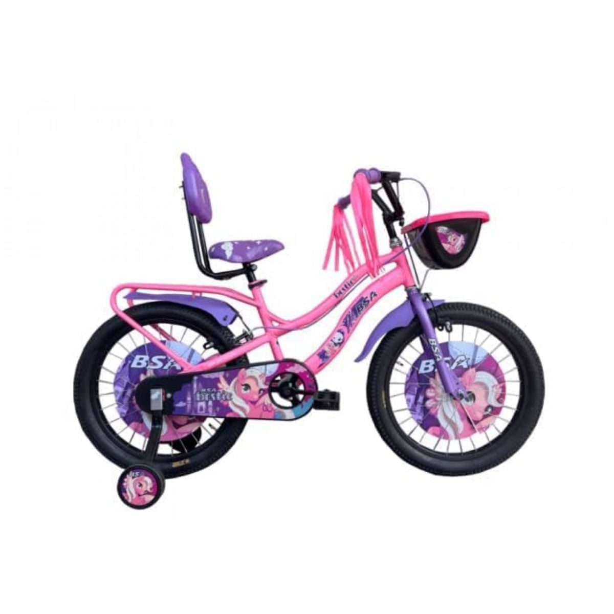 BSA Bestie girls cycle in pink and purple with basket and backrest