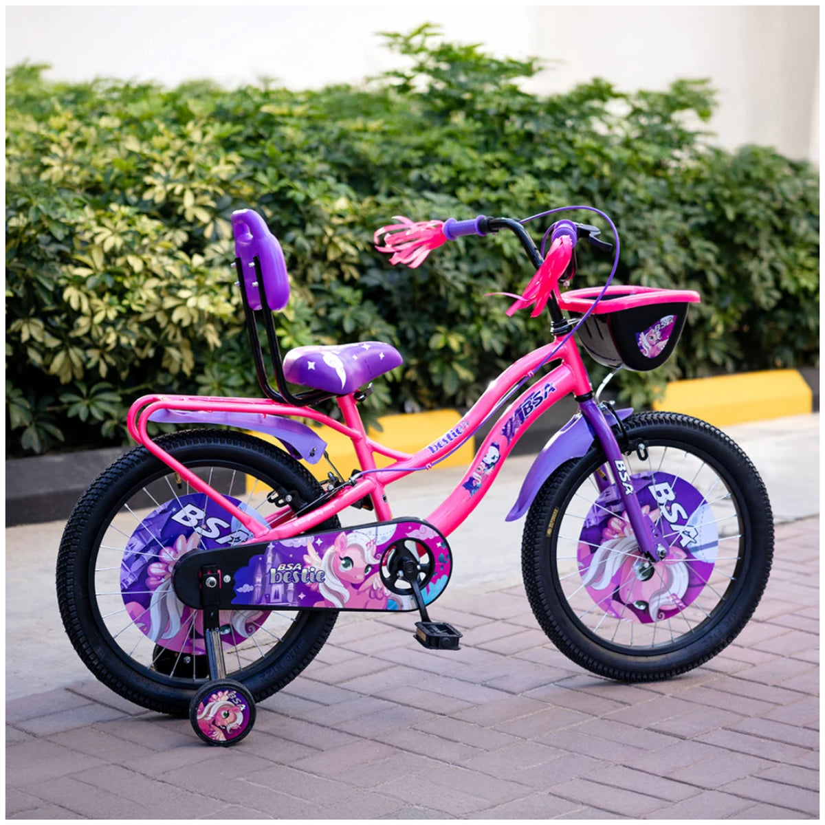 BSA Bestie pink purple girls bicycle side view with basket and rear backrest