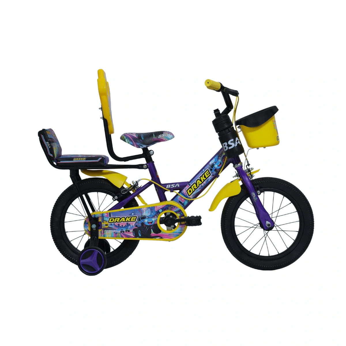 BSA Drake kids bicycle with trainer wheels, basket and rear backrest
