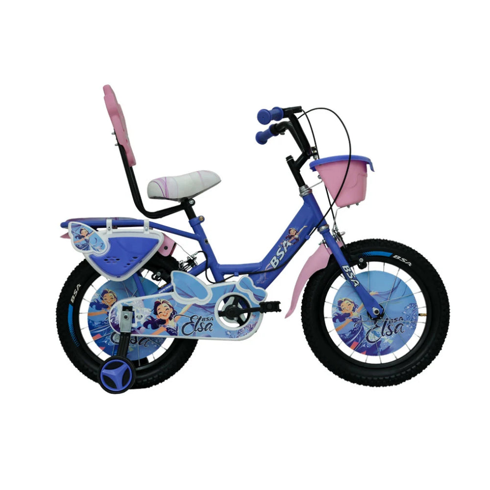 BSA Elsa blue and pink girls kids cycle with basket, backrest and side wheels