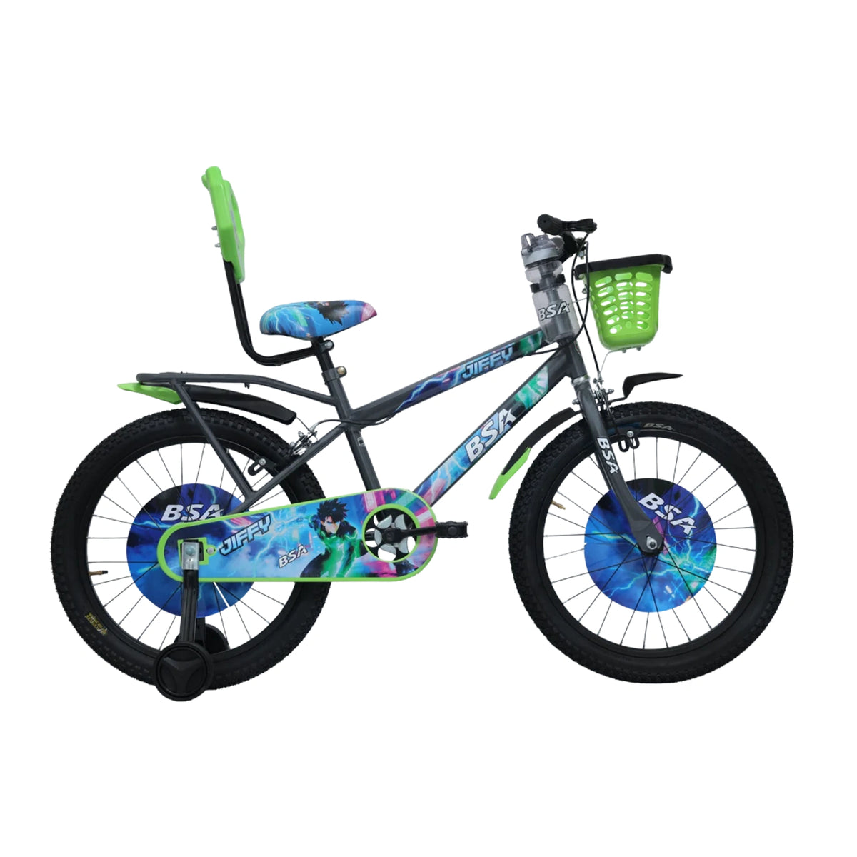 BSA Jiffy bicycle with rear backrest and front basket in green
