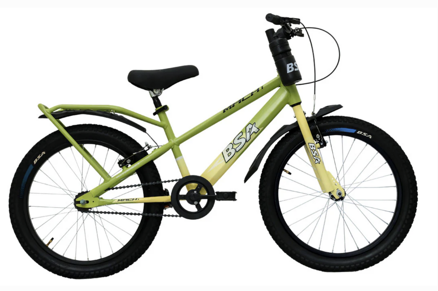 BSA Mach 1 Kids Cycle with Steel Frame, Single Speed, Rigid Fork, Rear Carrier and Power Brakes in Green