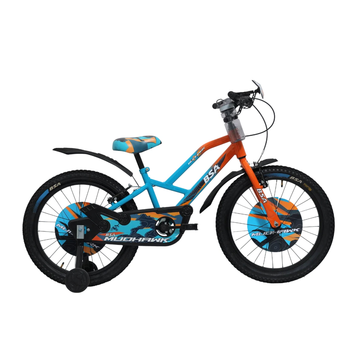 BSA Mudhawk kids bicycle with training wheels and full chain cover
