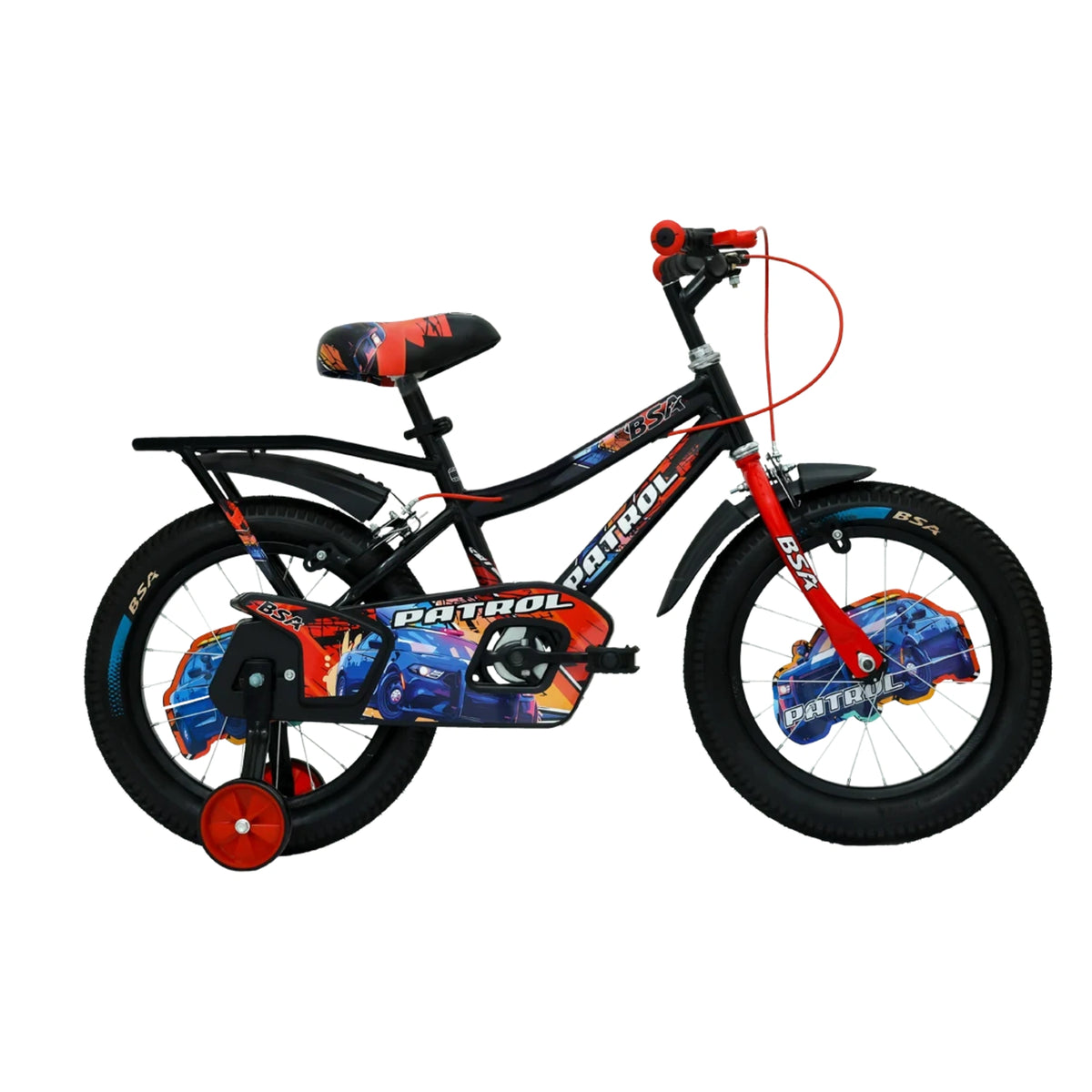BSA Patrol kids bicycle with training wheels, rear carrier and full chain cover