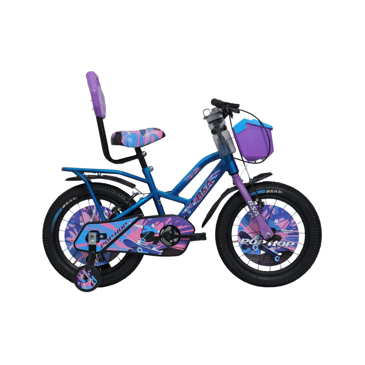 BSA Pophop kids bicycle with basket, backrest and trainer wheels