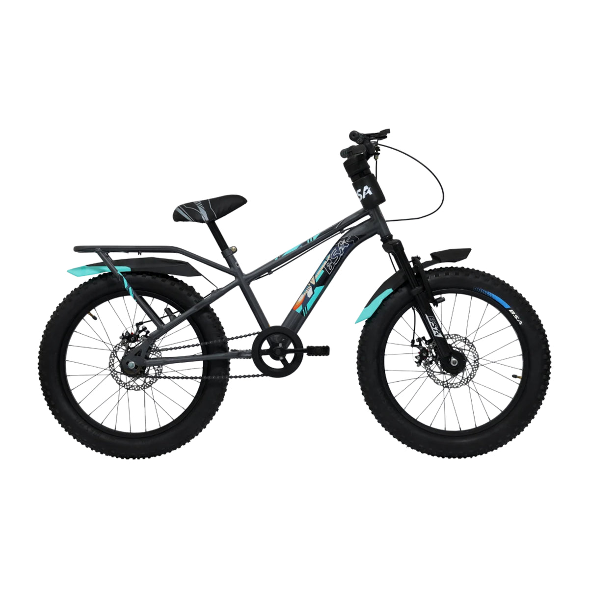 BSA Rocket 3T FX DD 20T black turquoise kids cycle with dual disc brakes and fat tyres