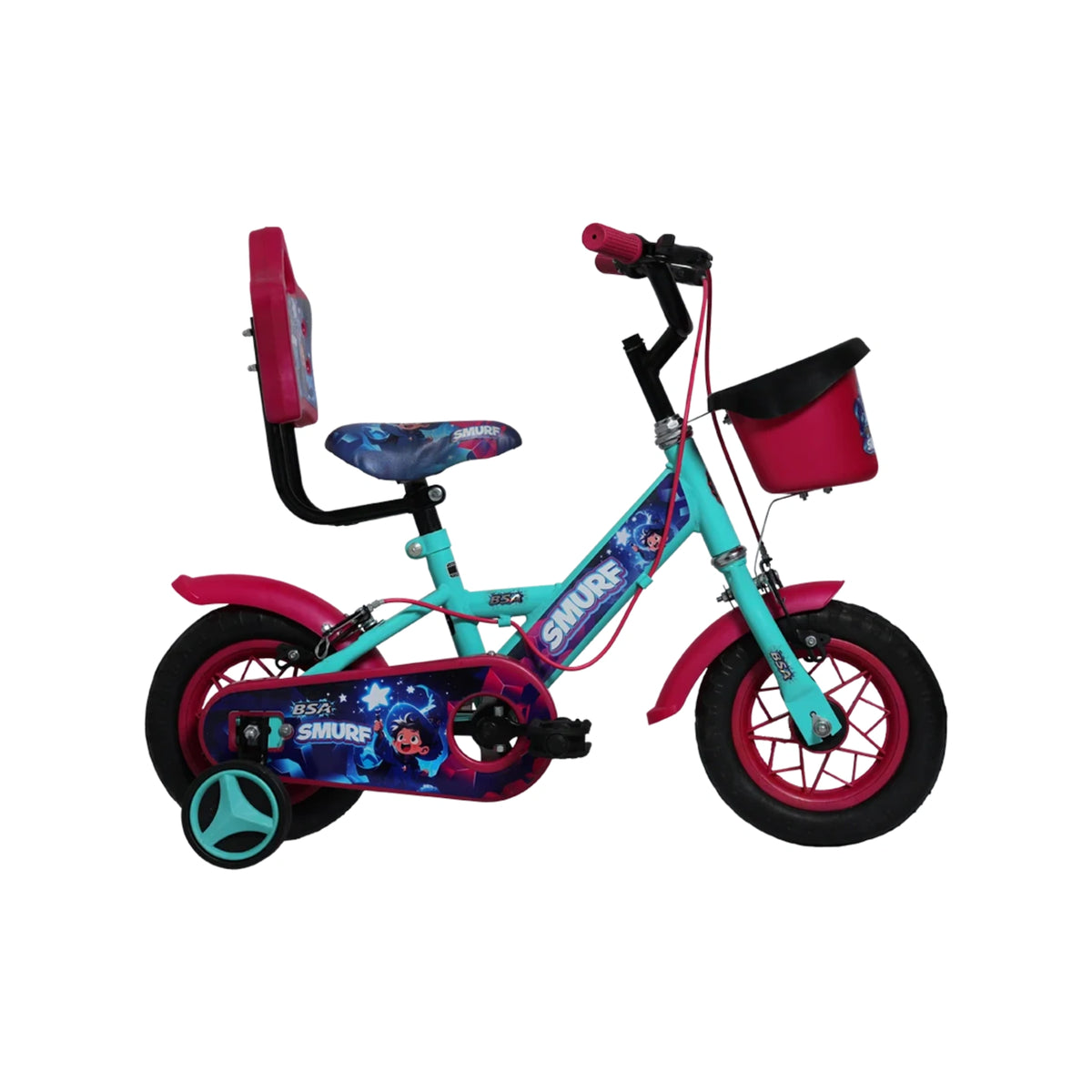 BSA Smurf kids bicycle with trainer wheel, front basket and backrest