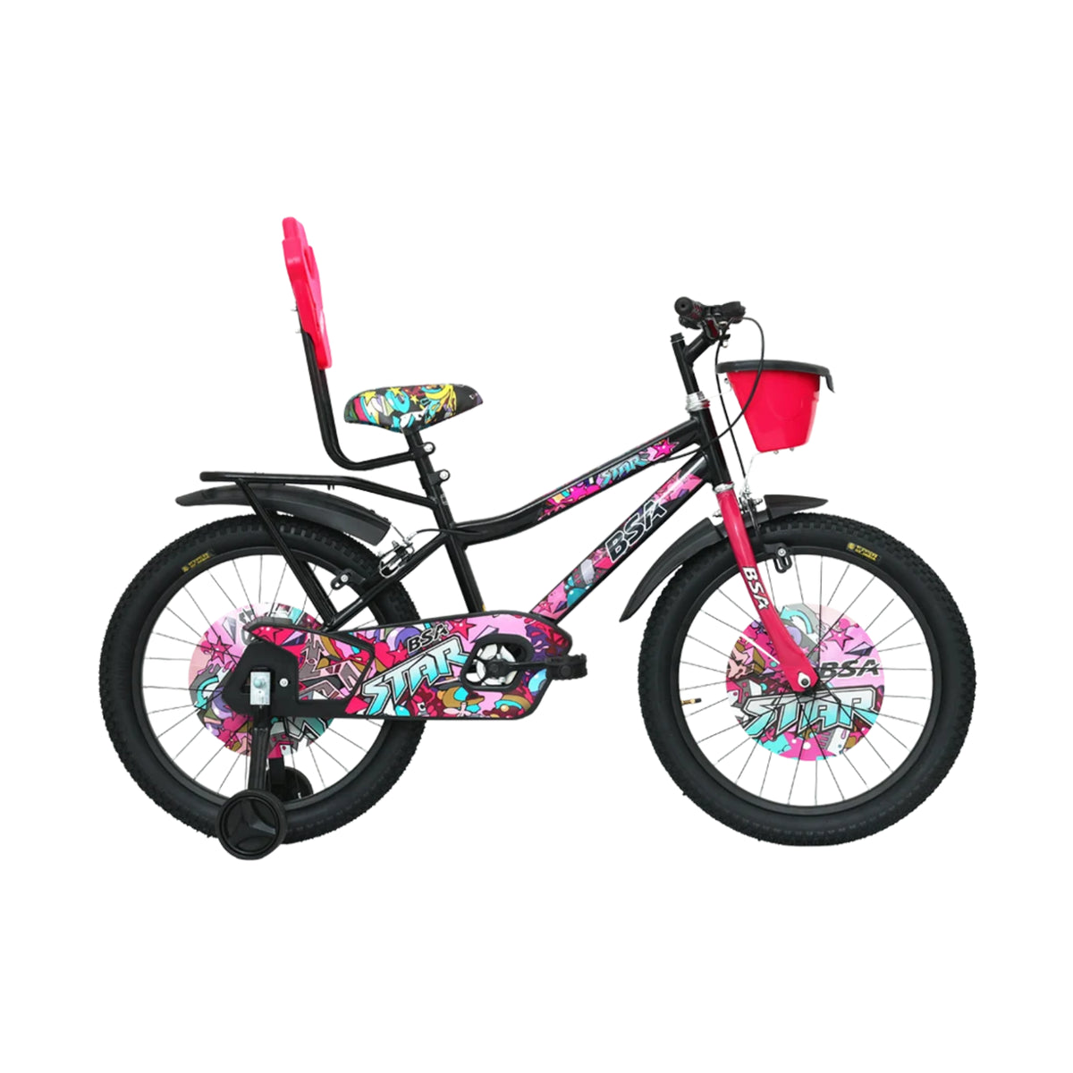 BSA Star 20T pink kids cycle with training wheels and front basket