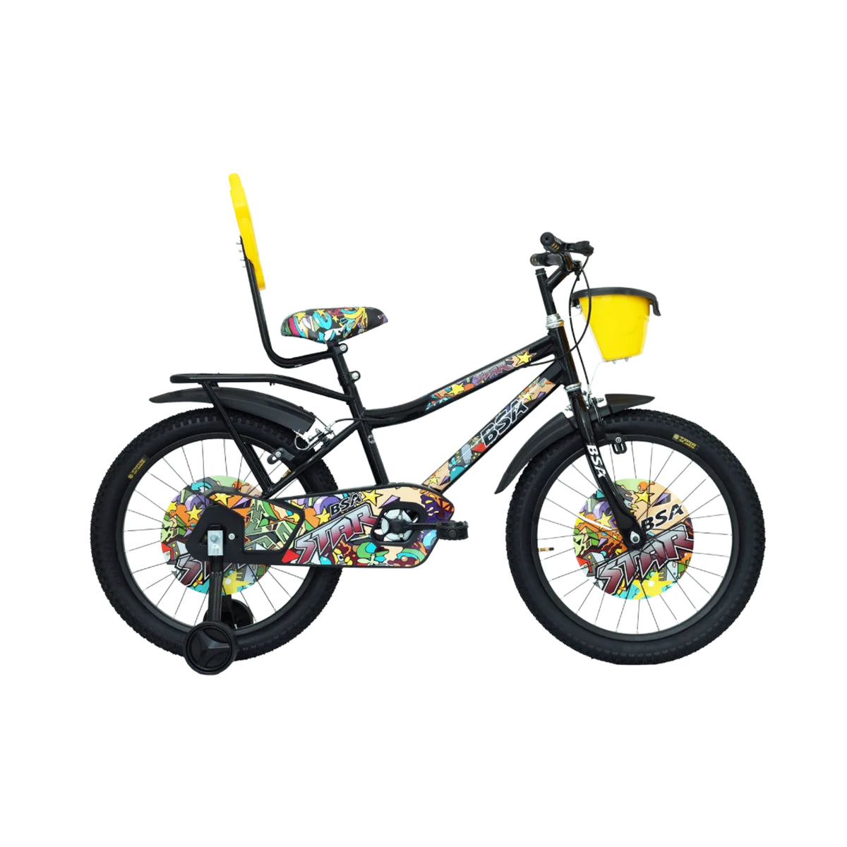 BSA Star 20T yellow kids cycle with training wheels and front basket