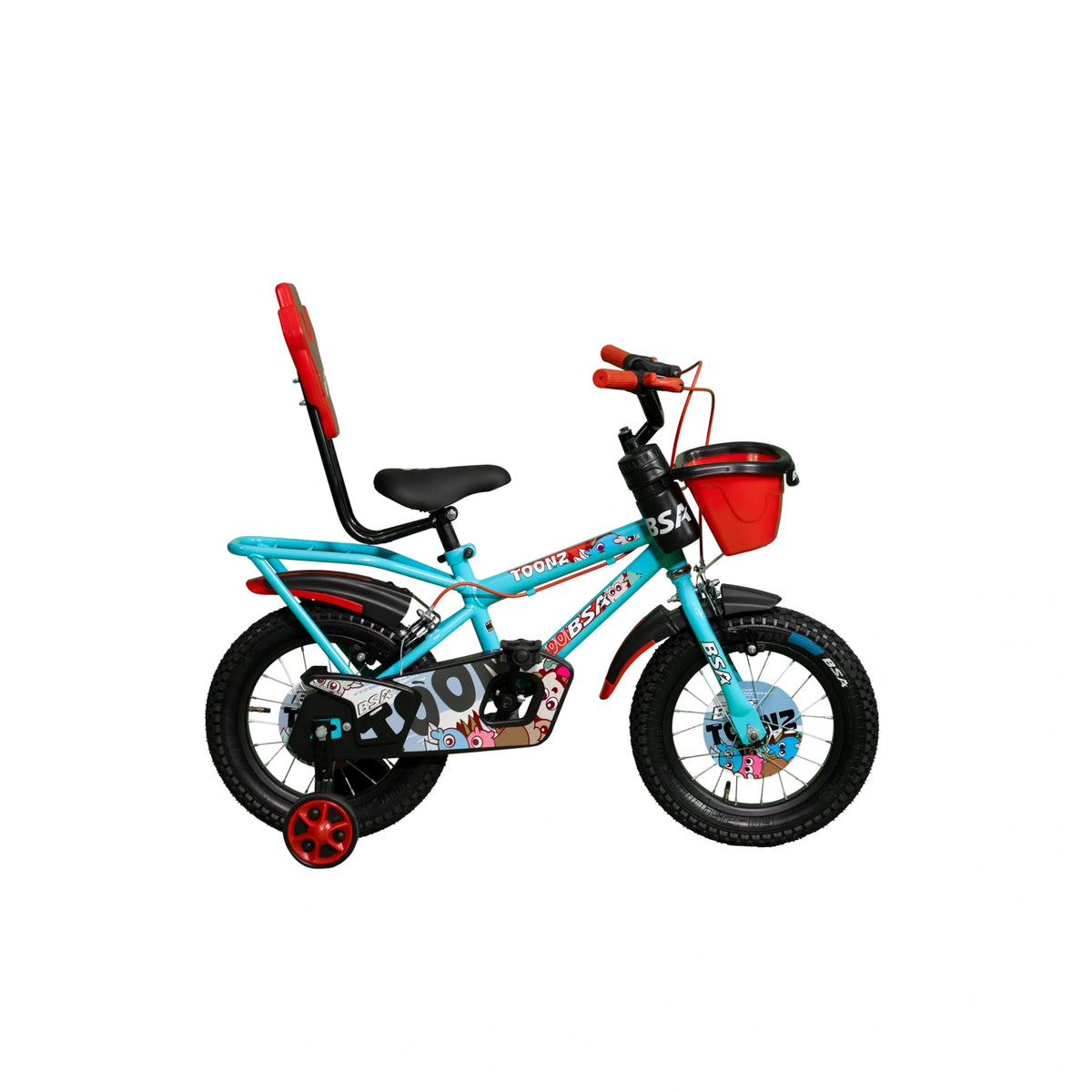 BSA Toonz kids bicycle with front basket, rear backrest and trainer wheel
