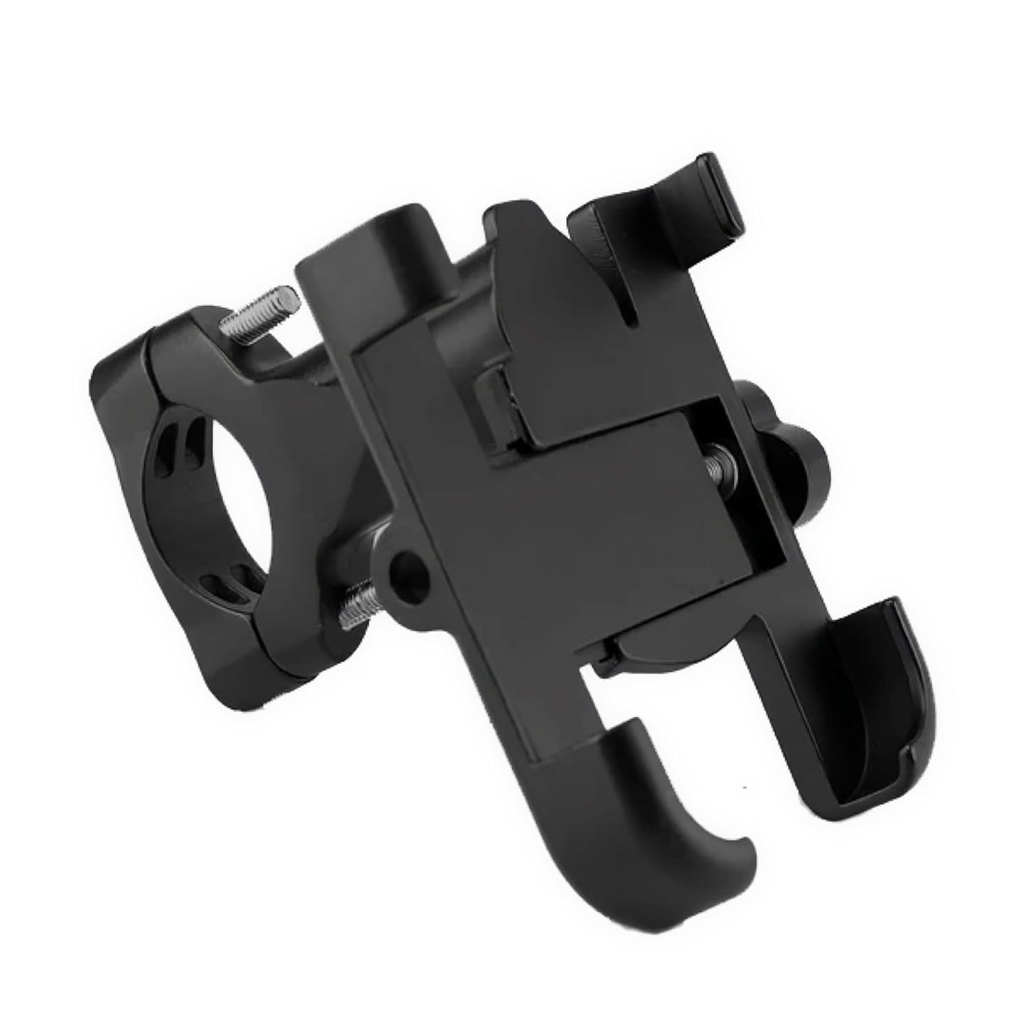 Black metal mobile holder mount for bicycles and motorbikes – sturdy design with clamp-style grip and adjustable bracket for handlebar installation.

