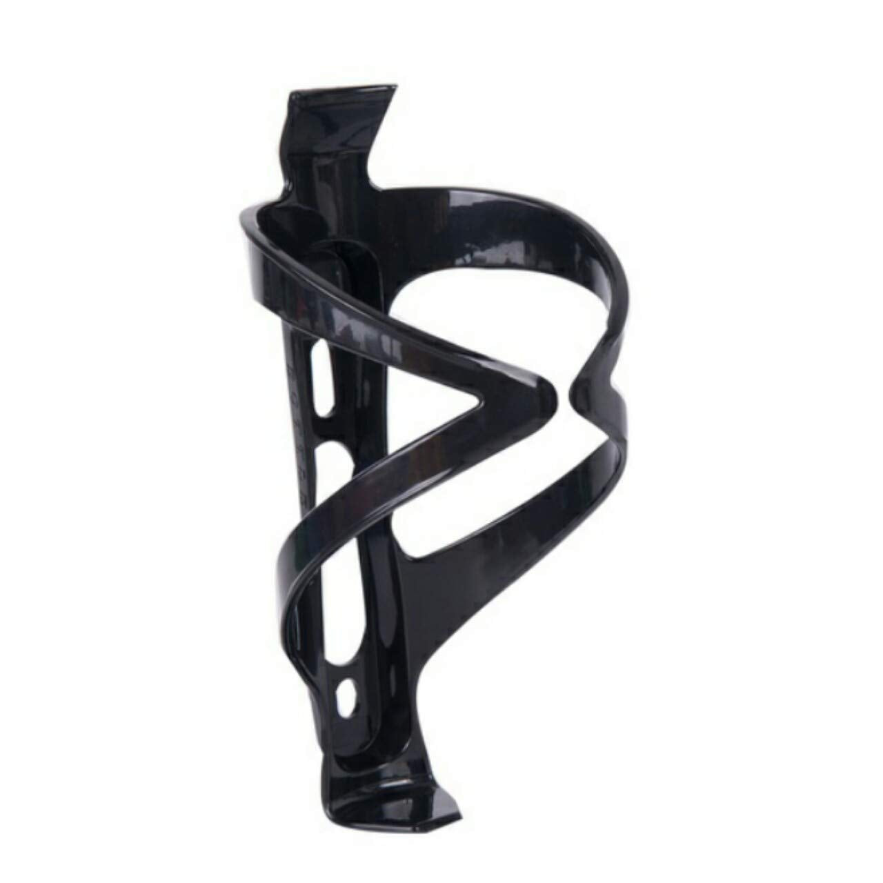Close-up of a glossy black bicycle water bottle holder with aerodynamic design on white background.
