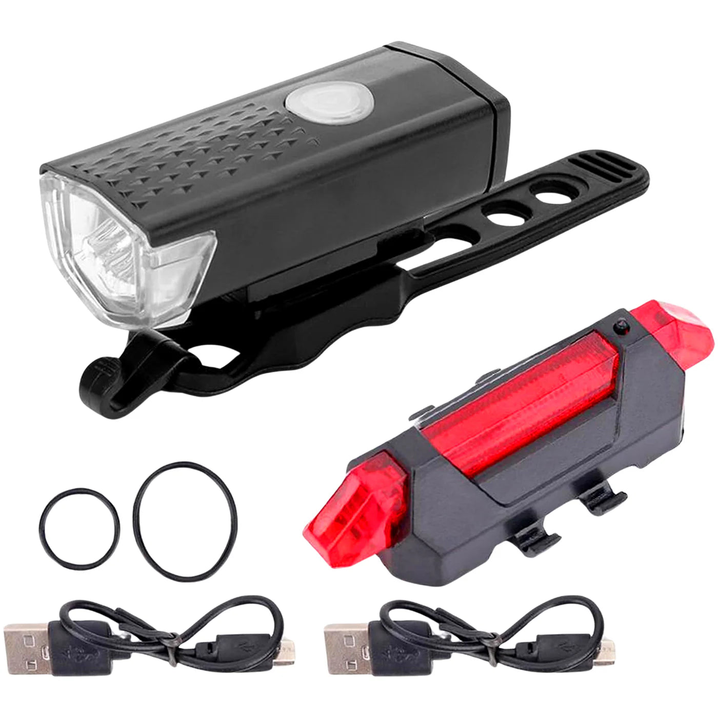 "Rechargeable front and rear LED light combo for bicycles – USB powered"
