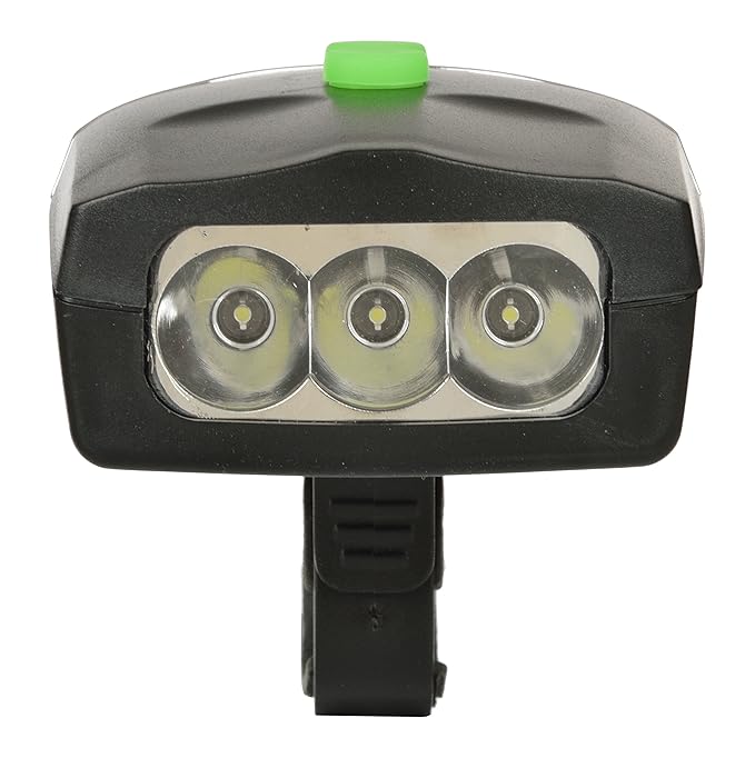 "Front-facing view of bright LED headlight on rechargeable cycle light and horn combo for night riding"

