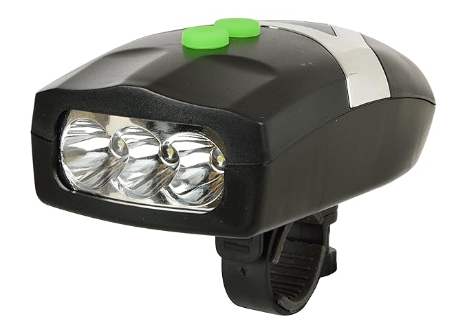 "Side profile of compact bicycle front LED light and horn combo"