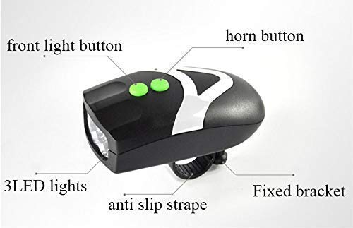 "Instruction manual for using rechargeable cycle LED front light and 140dB horn with USB charging and mounting guide"

