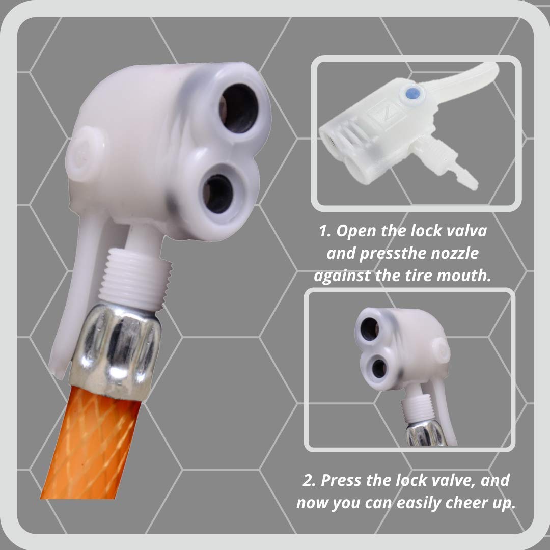 Dual head cycle pump nozzle fitting both Presta and Schrader valve, lock valve mechanism, for all bicycle types
