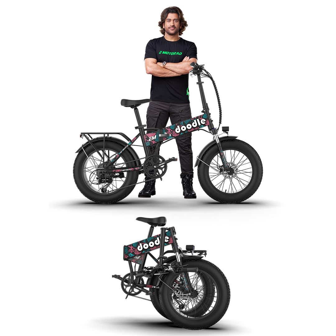 EMotorad Doodle Pro foldable electric cycle with rider – fat tires, front suspension, and native pop color scheme
