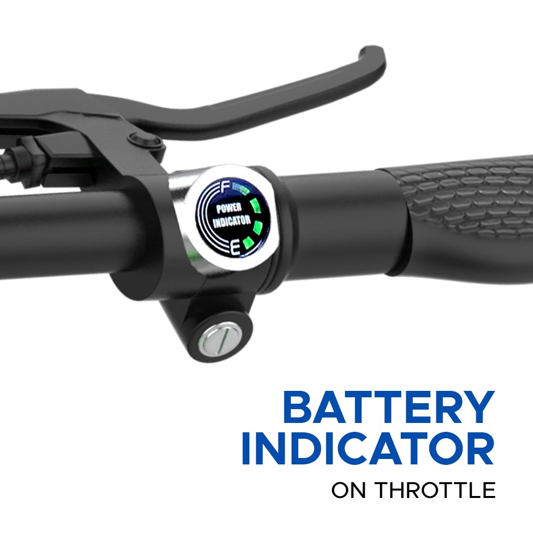 "Close-up of battery level indicator on electric cycle throttle handle"

