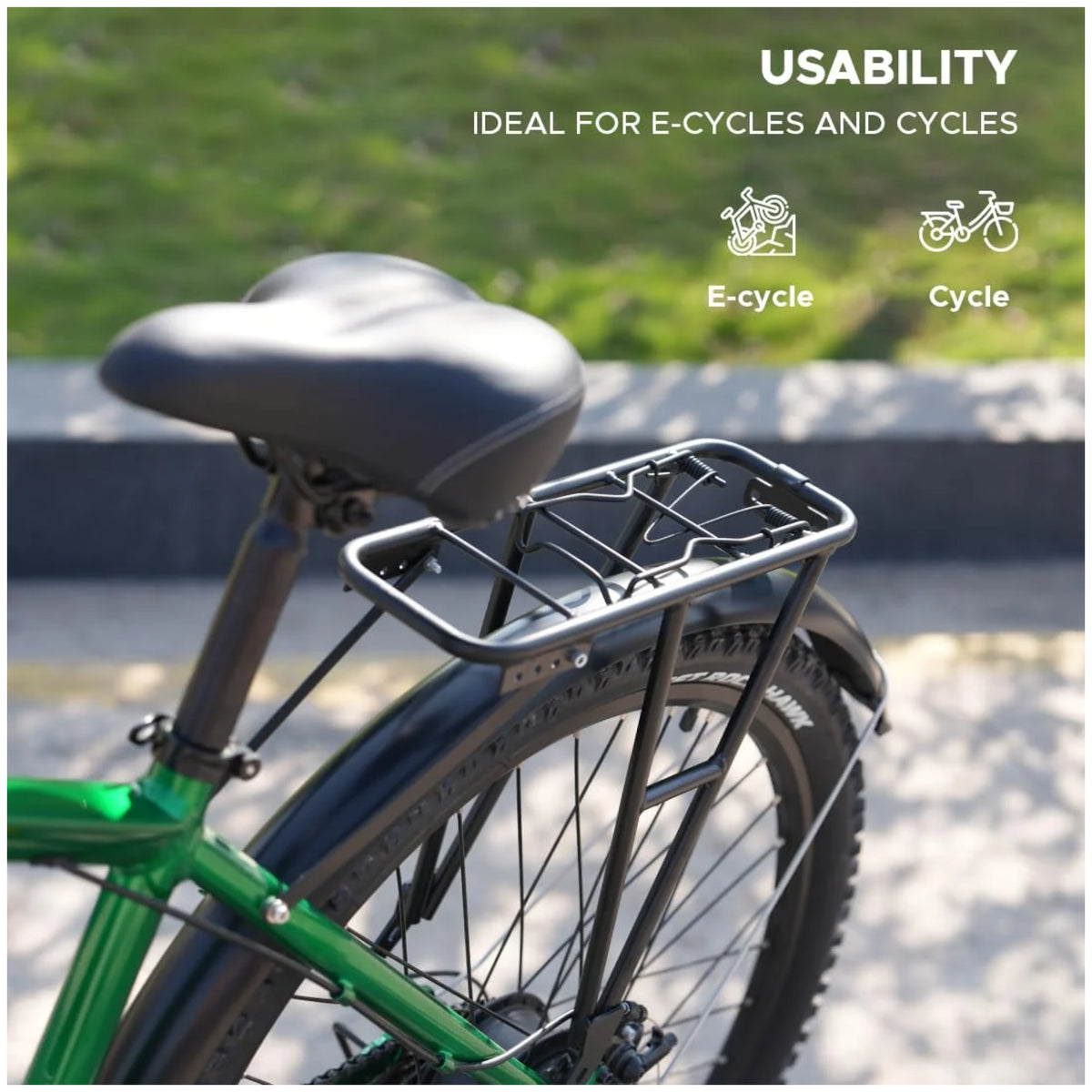 EMotorad rear cycle carrier shown on e-bike and bicycle